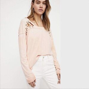 Free People We The Free First Love Lace-up Peach Linen Blend Tee Medium